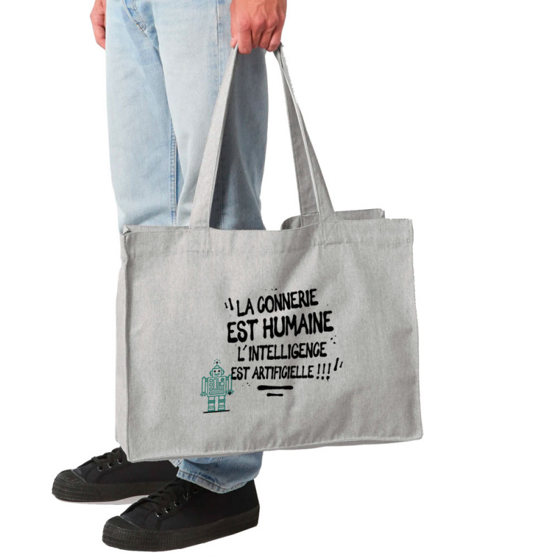 Grand sac shopping en toile recyclé gris chiné La connerie est humaine (Baxt,Slogans Débiles)