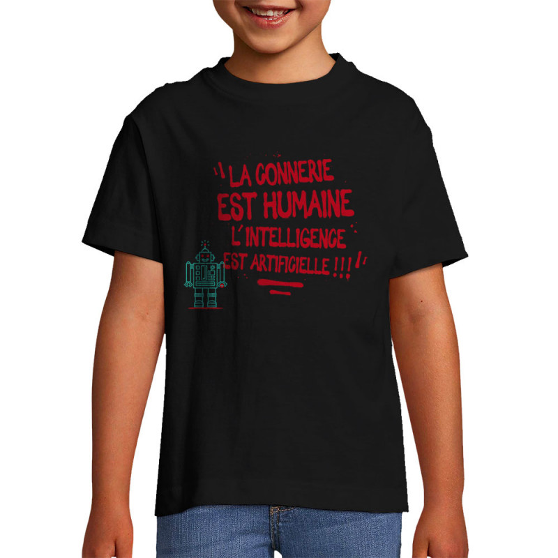 T-shirt enfant noir La connerie est humaine (Baxt,Slogans Débiles)