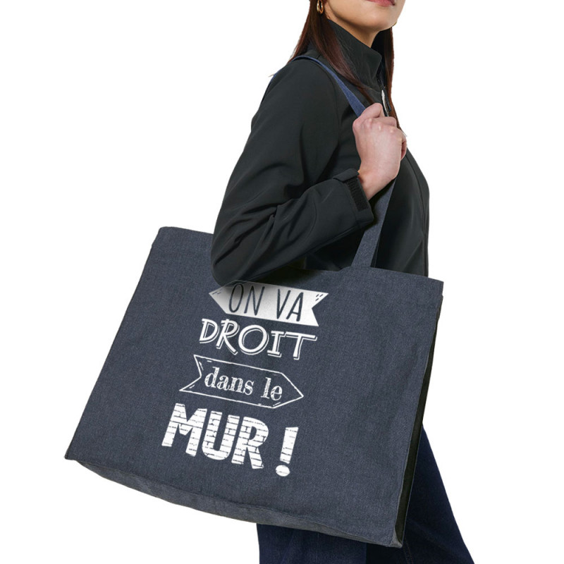 Grand sac shopping en toile recyclé bleu nuit On va droit dans le mur (Gondrax,Slogans Débiles,Slogans engagés)