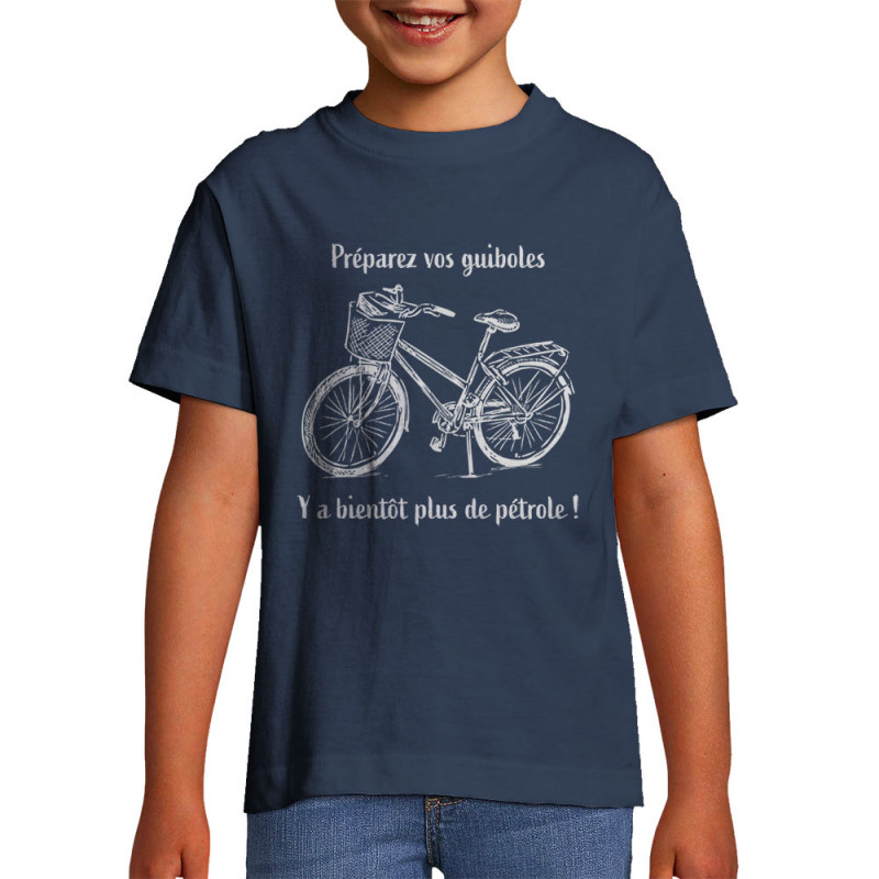 T-shirt enfant bleu denim Plus de pétrole (Gondrax,Slogans Débiles,Vélo)