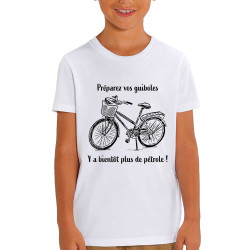 T-shirt enfant coton bio blanc Plus de pétrole (Gondrax,Slogans Débiles,Vélo)