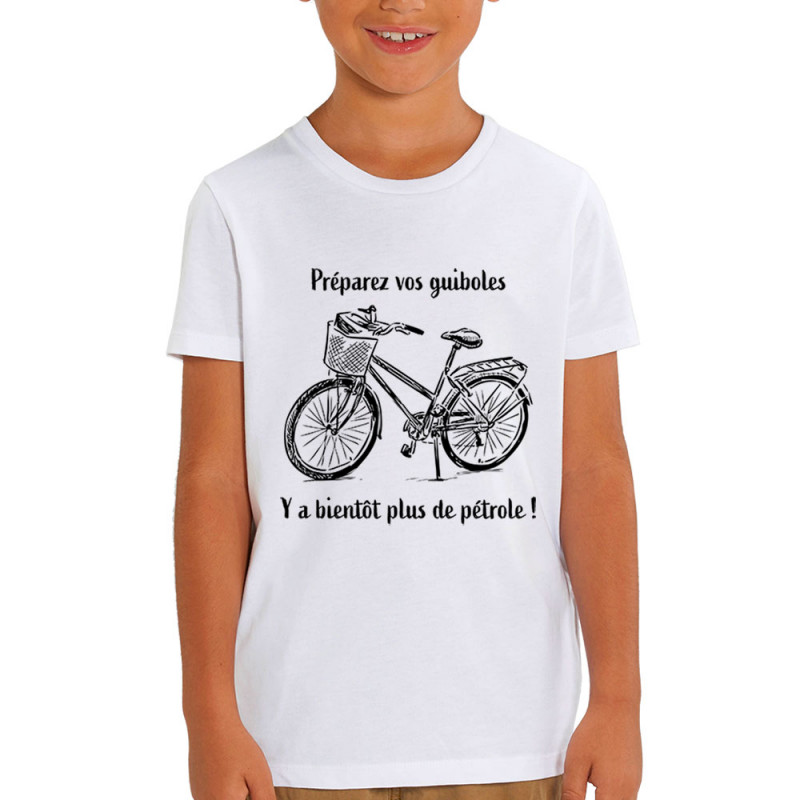 T-shirt enfant coton bio blanc Plus de pétrole (Gondrax,Slogans Débiles,Vélo)