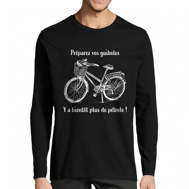 T-shirt homme manches longues noir Plus de pétrole (Gondrax,Slogans Débiles,Vélo)