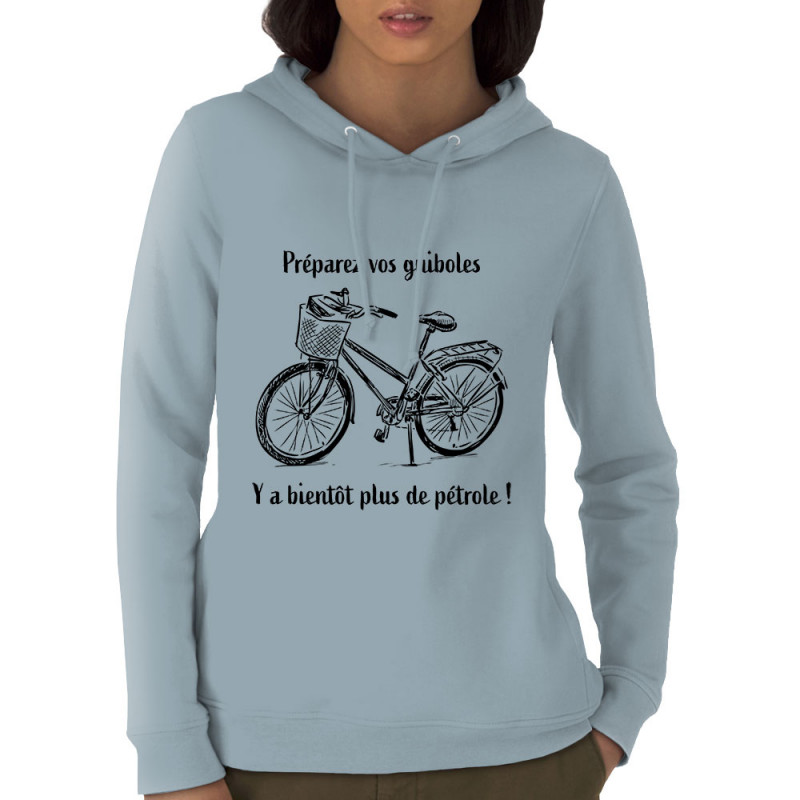 Sweat femme à capuche coton bio bleu ciel Plus de pétrole (Gondrax,Slogans Débiles,Vélo)