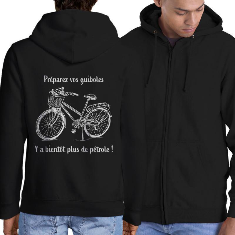 Sweat homme à capuche zippé noir Plus de pétrole (Gondrax,Slogans Débiles,Vélo)
