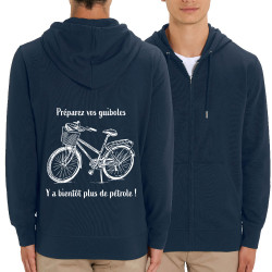 Sweat homme zippé à capuche coton bio bleu marine Plus de pétrole (Gondrax,Slogans Débiles,Vélo)