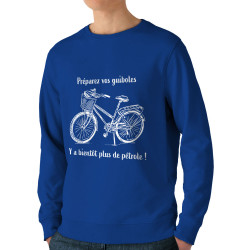 Sweat homme bio col rond bleu royal Plus de pétrole (Gondrax,Slogans Débiles,Vélo)