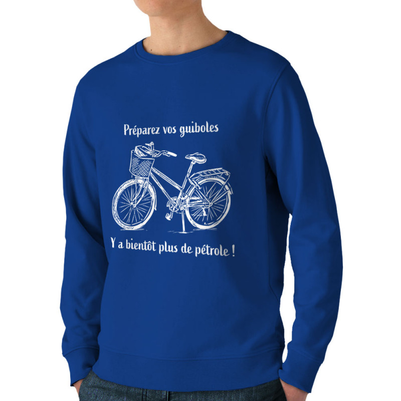 Sweat homme bio col rond bleu royal Plus de pétrole (Gondrax,Slogans Débiles,Vélo)