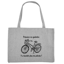 Grand sac shopping en toile recyclé gris chiné Plus de pétrole (Gondrax,Slogans Débiles,Vélo)