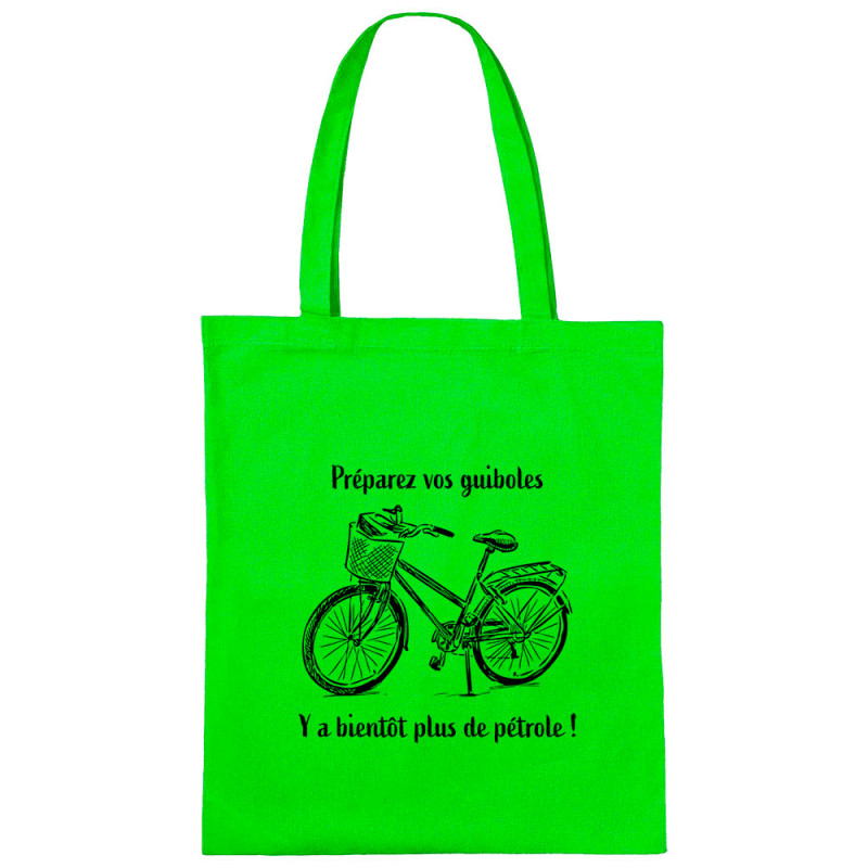 Sac shopping en toile vert prairie Plus de pétrole (Gondrax,Slogans Débiles,Vélo)