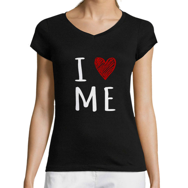 T-shirt femme col V noir I Love Me (Gondrax,Slogans Débiles)