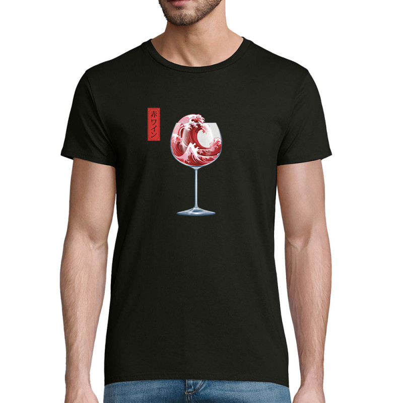 T-shirt homme coton bio noir Pinard Romantique Hokusaï (Andy,Hokusaï,Alcool)
