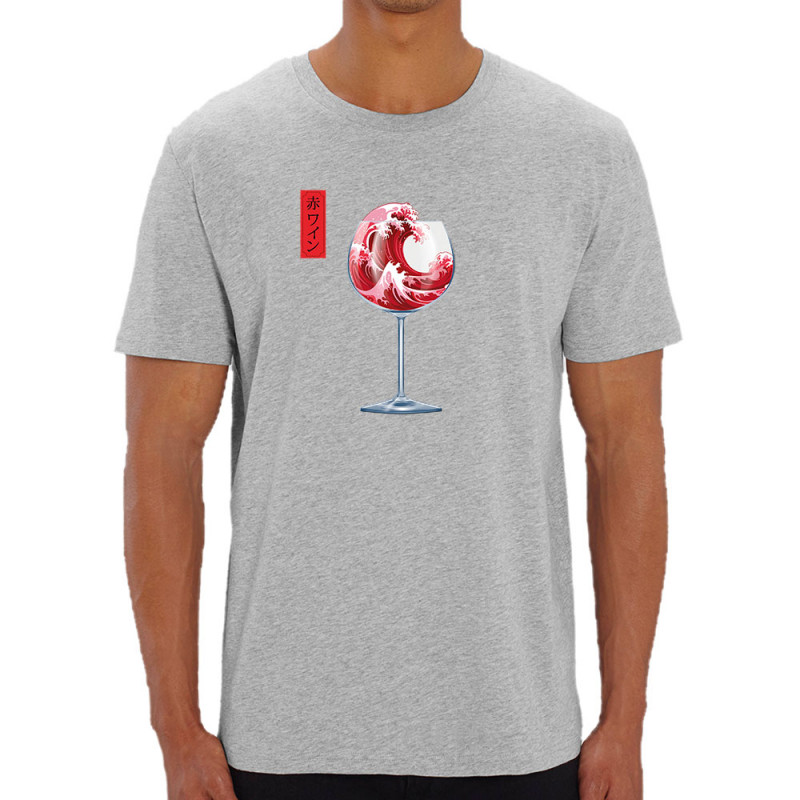 T-shirt homme coton bio gris chiné Pinard Romantique Hokusaï (Andy,Hokusaï,Alcool)
