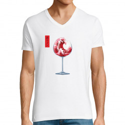 T-shirt homme col V blanc Pinard Romantique Hokusaï (Andy,Hokusaï,Alcool)