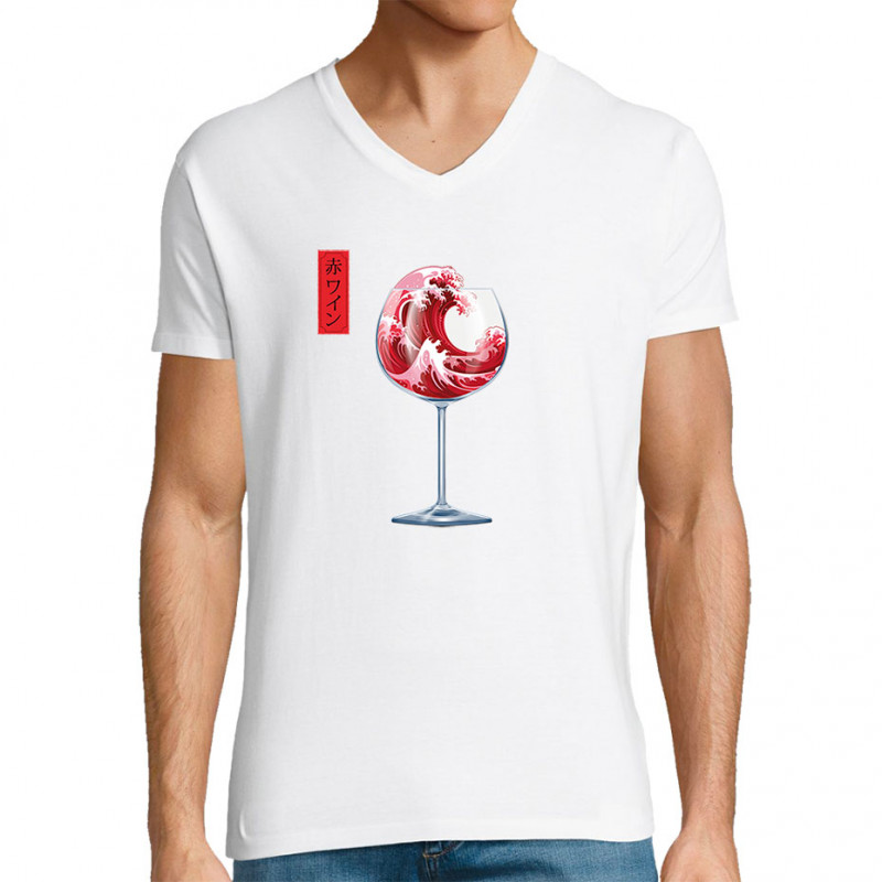 T-shirt homme col V blanc Pinard Romantique Hokusaï (Andy,Hokusaï,Alcool)