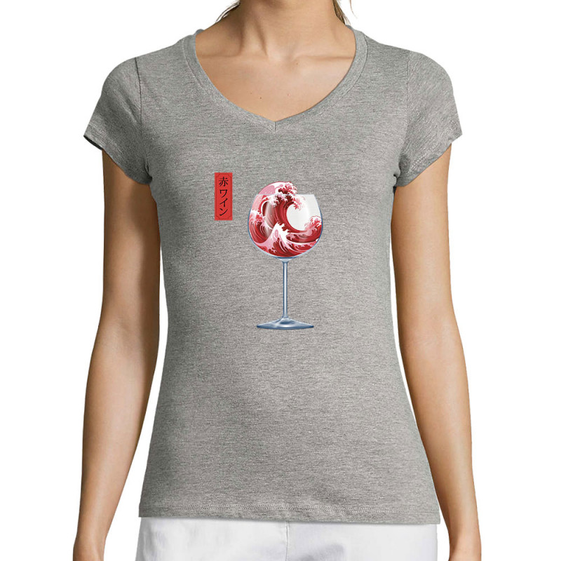 T-shirt femme col V gris chiné Pinard Romantique Hokusaï (Andy,Hokusaï,Alcool)