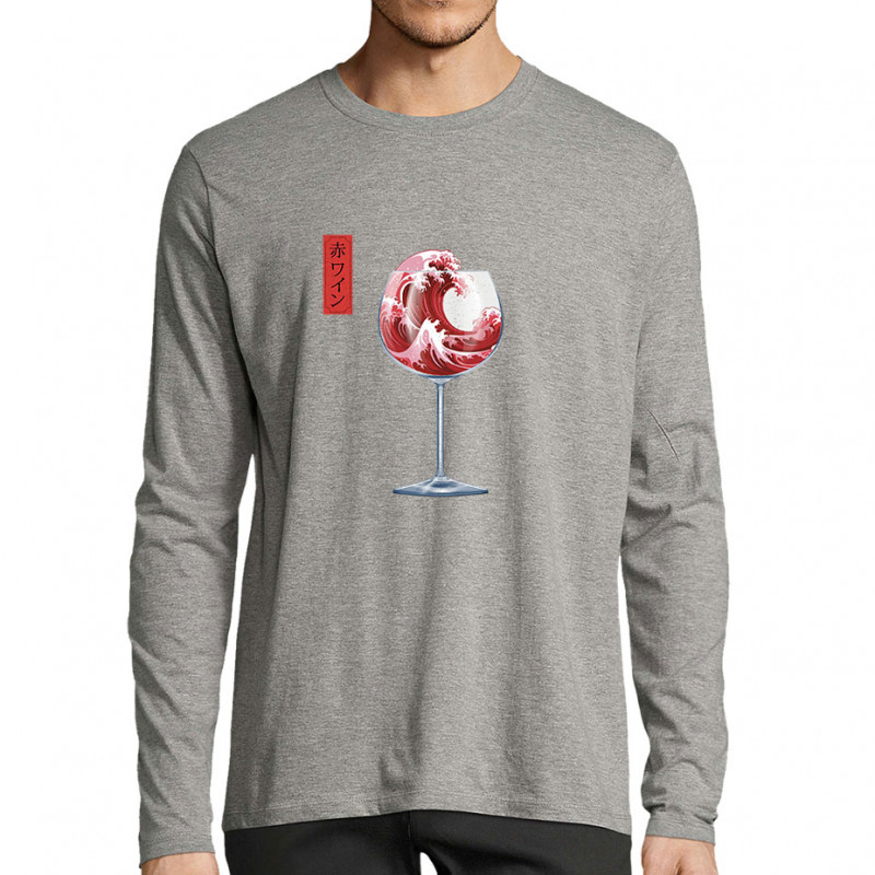 T-shirt homme manches longues gris chiné Pinard Romantique Hokusaï (Andy,Hokusaï,Alcool)