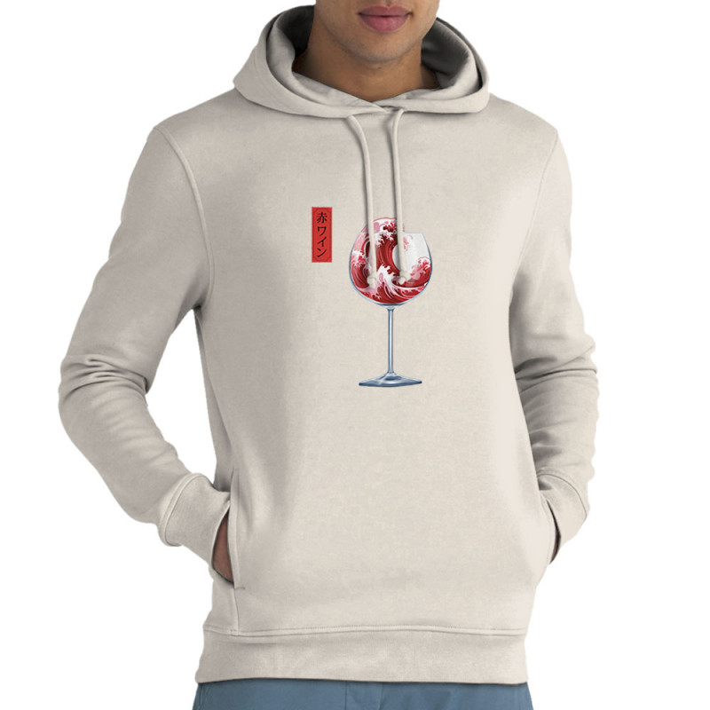Sweat homme à capuche coton bio blanc Pinard Romantique Hokusaï (Andy,Hokusaï,Alcool)