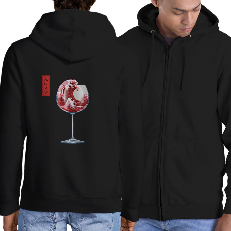 Sweat homme à capuche zippé noir Pinard Romantique Hokusaï (Andy,Hokusaï,Alcool)