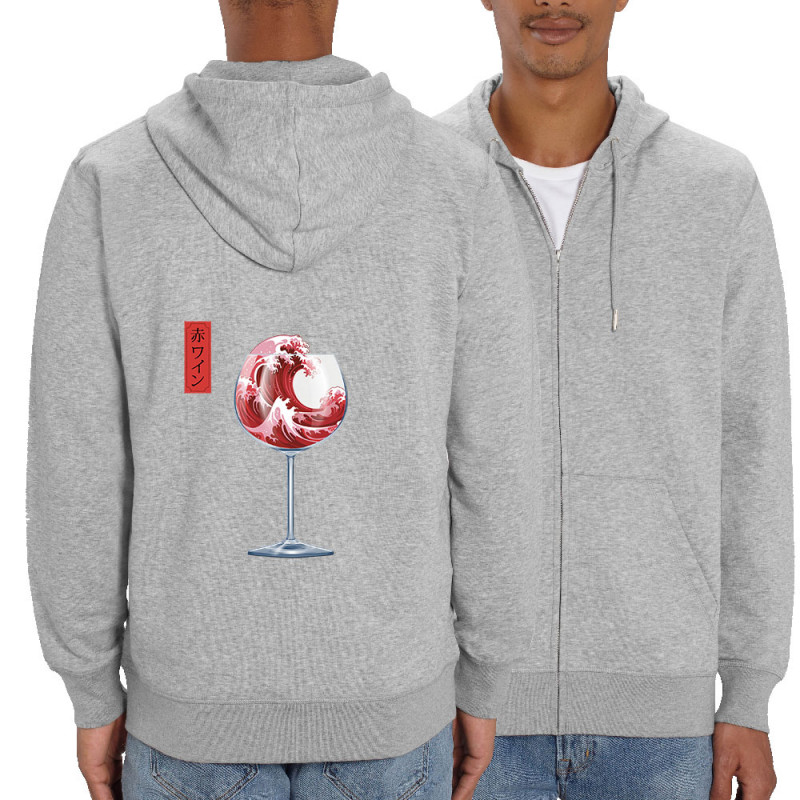 Sweat homme zippé à capuche coton bio gris chiné Pinard Romantique Hokusaï (Andy,Hokusaï,Alcool)