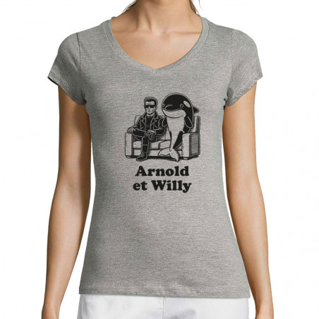 T-shirt femme col V gris chiné Arnold et Willy (Ted Boundy,Humour,Films/Séries,Animaux)