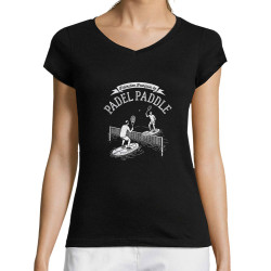 T-shirt femme col V noir Padel Paddle (Ted Boundy,Humour,Skate)