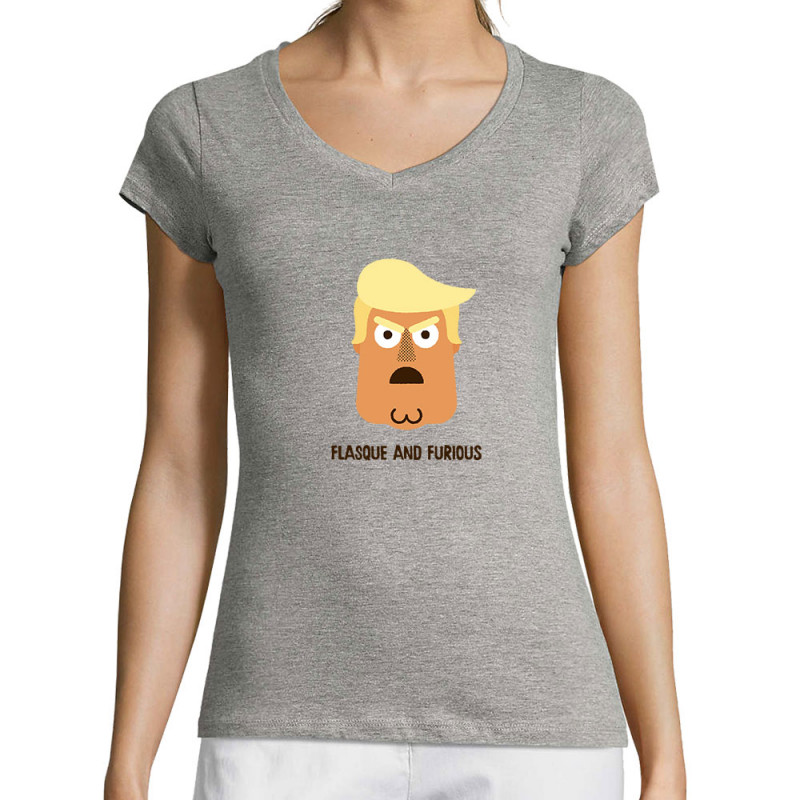 T-shirt femme col V gris chiné Flasque and Furious (Alex Kidd,Humour,Détournements)