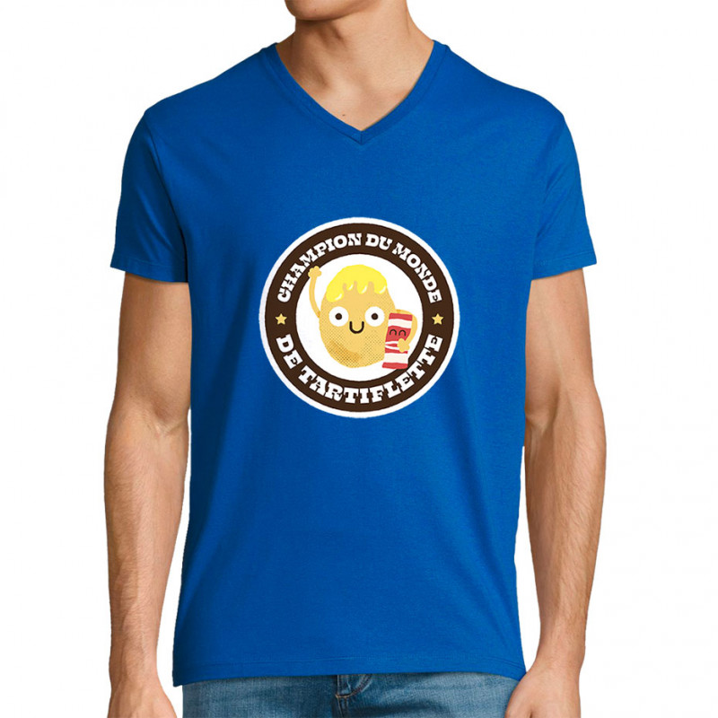 T-shirt homme col V bleu royal Champion du monde de tartiflette (Alex Kidd,Fruits & Légumes)