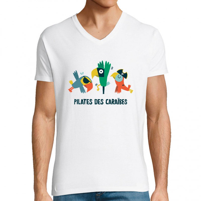T-shirt homme col V blanc Pilates des Caraïbes 2 (Alex Kidd,Animaux,Films/Séries,Humour)