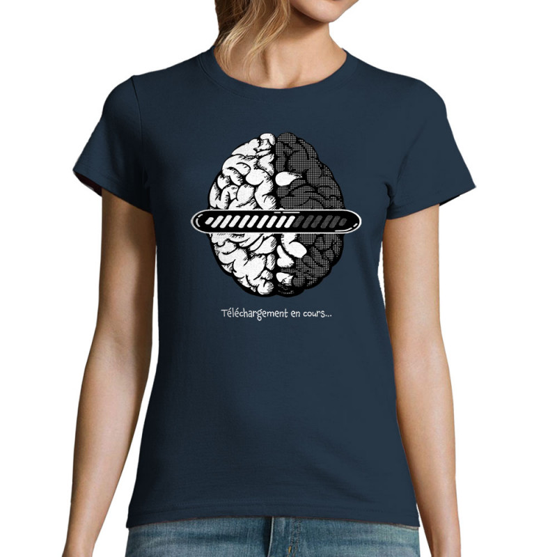 T-shirt femme bleu marine Cerveau téléchargement en cours (Gondrax,Humour)