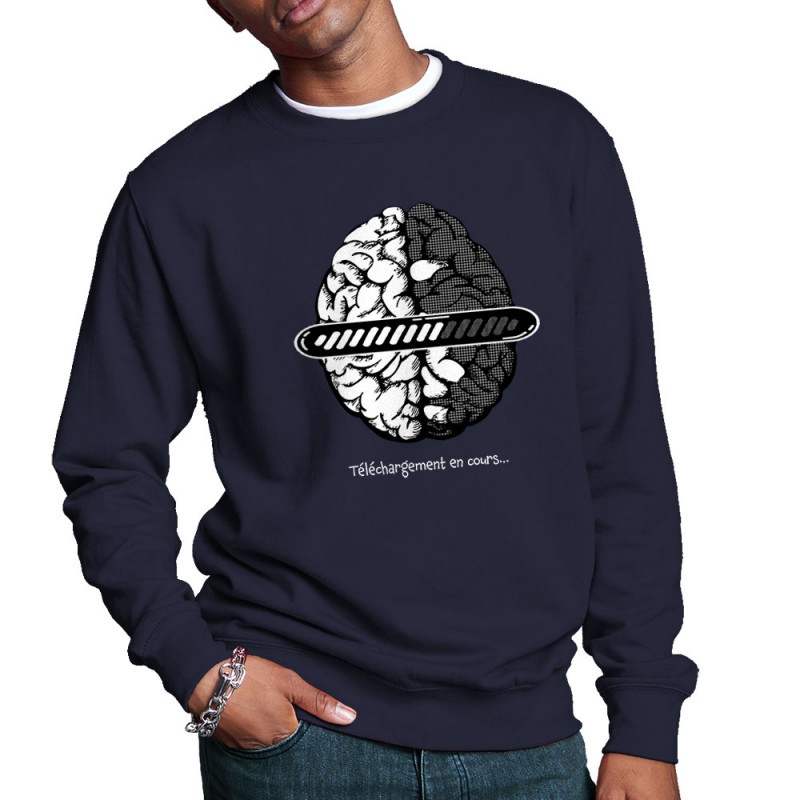 Sweat homme col rond bleu marine Cerveau téléchargement en cours (Gondrax,Humour)