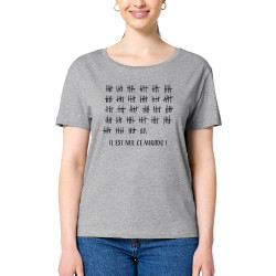 T-shirt femme col large coton bio gris chiné Il est nul ce mikado (Gondrax,Humour)