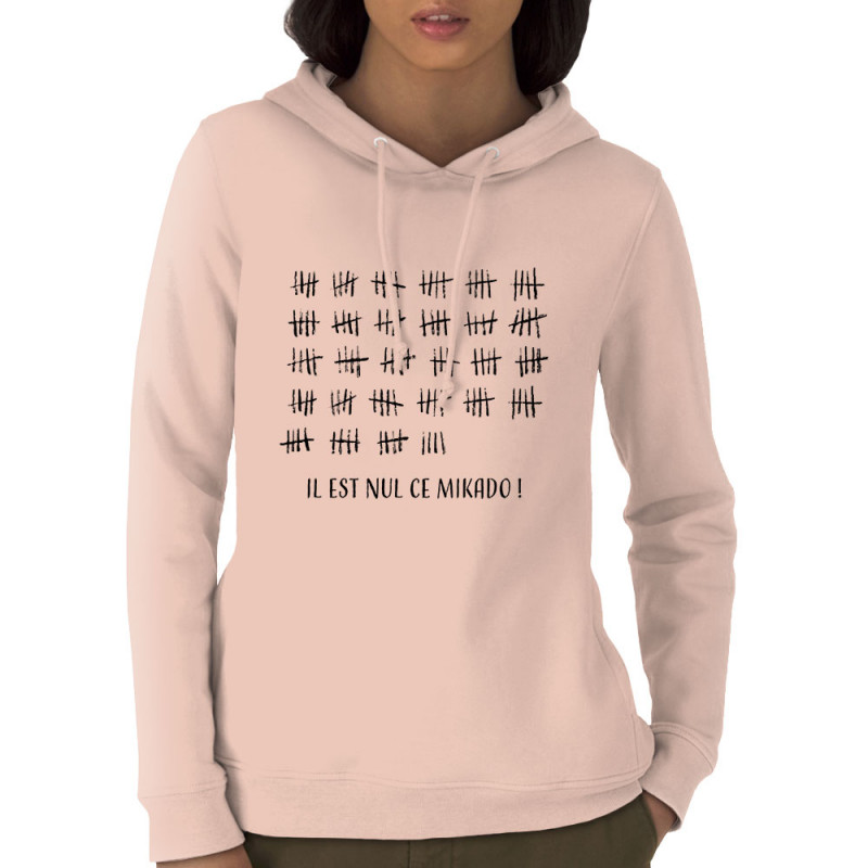 Sweat femme à capuche coton bio rose clair Il est nul ce mikado (Gondrax,Humour)