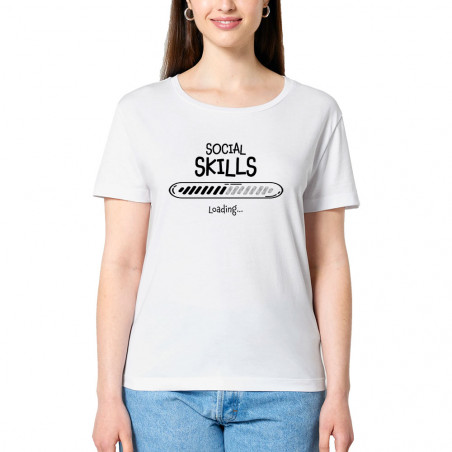 T-shirt femme col large coton bio blanc Social Skills loading (Gondrax,Humour)
