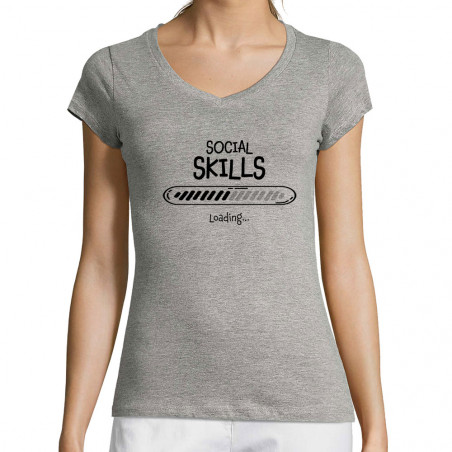 T-shirt femme col V gris chiné Social Skills loading (Gondrax,Humour)