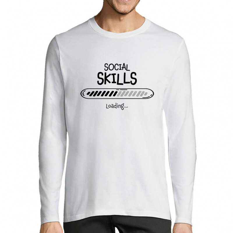 T-shirt homme manches longues blanc Social Skills loading (Gondrax,Humour)