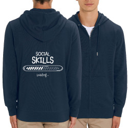 Sweat homme zippé à capuche coton bio bleu marine Social Skills loading (Gondrax,Humour)
