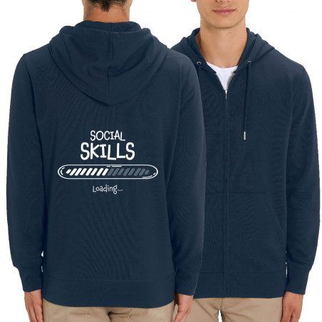 Sweat homme zippé à capuche coton bio bleu marine Social Skills loading (Gondrax,Humour)