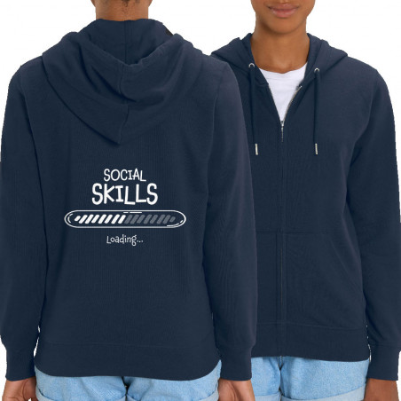 Sweat femme zippé à capuche coton bio bleu marine Social Skills loading (Gondrax,Humour)