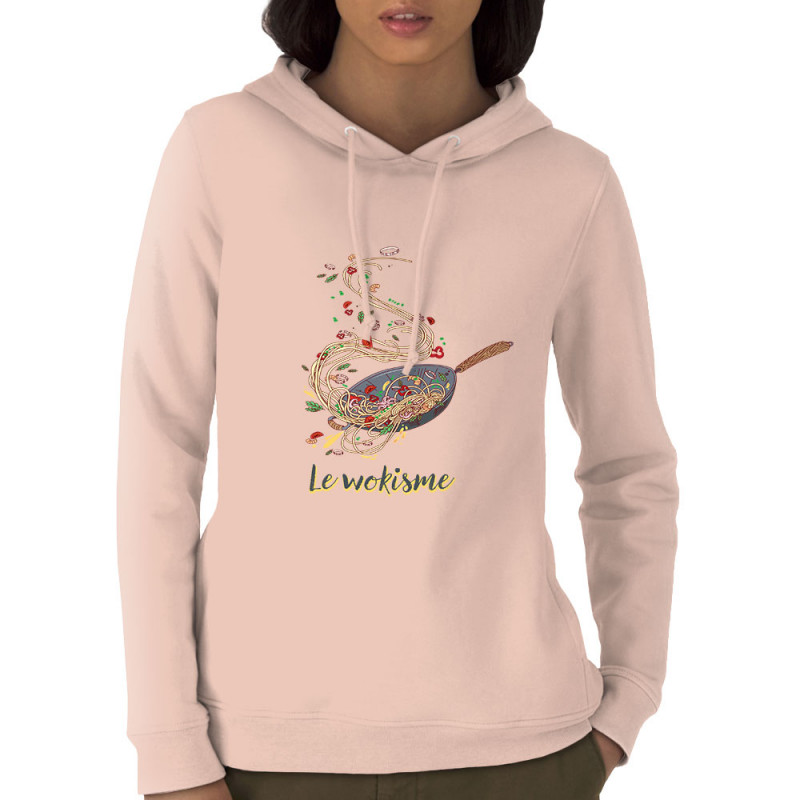 Sweat femme à capuche coton bio rose clair Le wokisme (Gondrax,Humour,Fruits & Légumes)