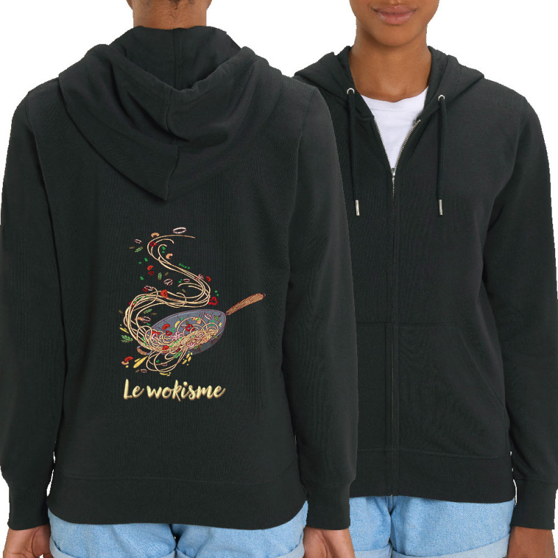 Sweat femme zippé à capuche coton bio noir Le wokisme (Gondrax,Humour,Fruits & Légumes)
