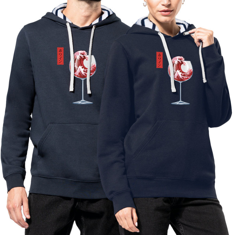 Sweat capuche à motifs unisexe bleu marine et marinière Pinard Romantique Hokusaï (Andy,Hokusaï,Alcool)