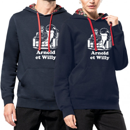 Sweat capuche à motifs unisexe bleu marine et rouge tartan Arnold et Willy (Ted Boundy,Humour,Films/Séries,Animaux)