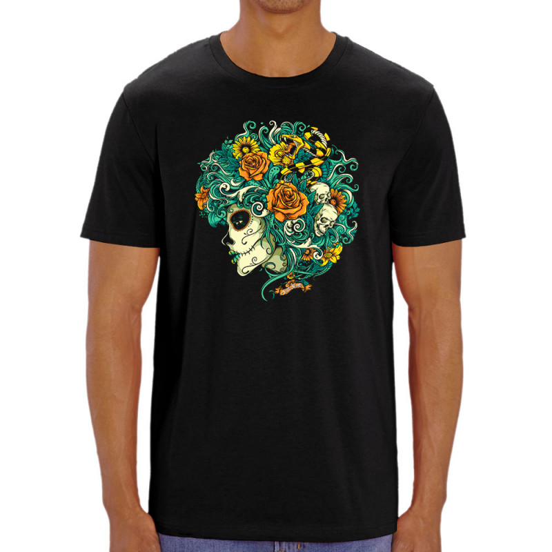 T-shirt homme coton bio noir Santa Muerte - Flourish Dead Girl (Santa Muerte,Têtes de morts)