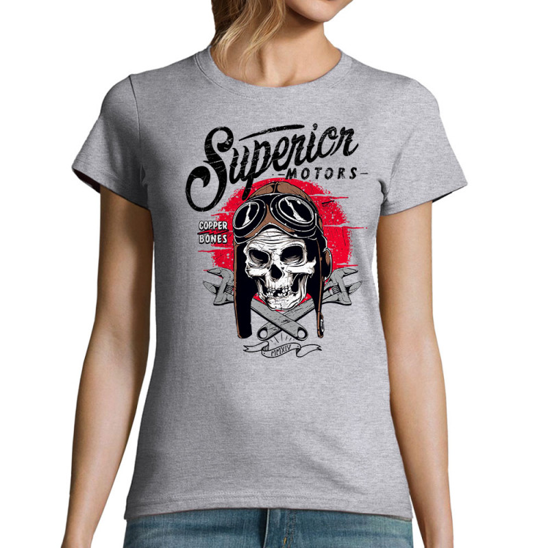 T-shirt femme gris chiné Copper Bones - Superior Motors (Copper Bones,Moto,Têtes de morts)
