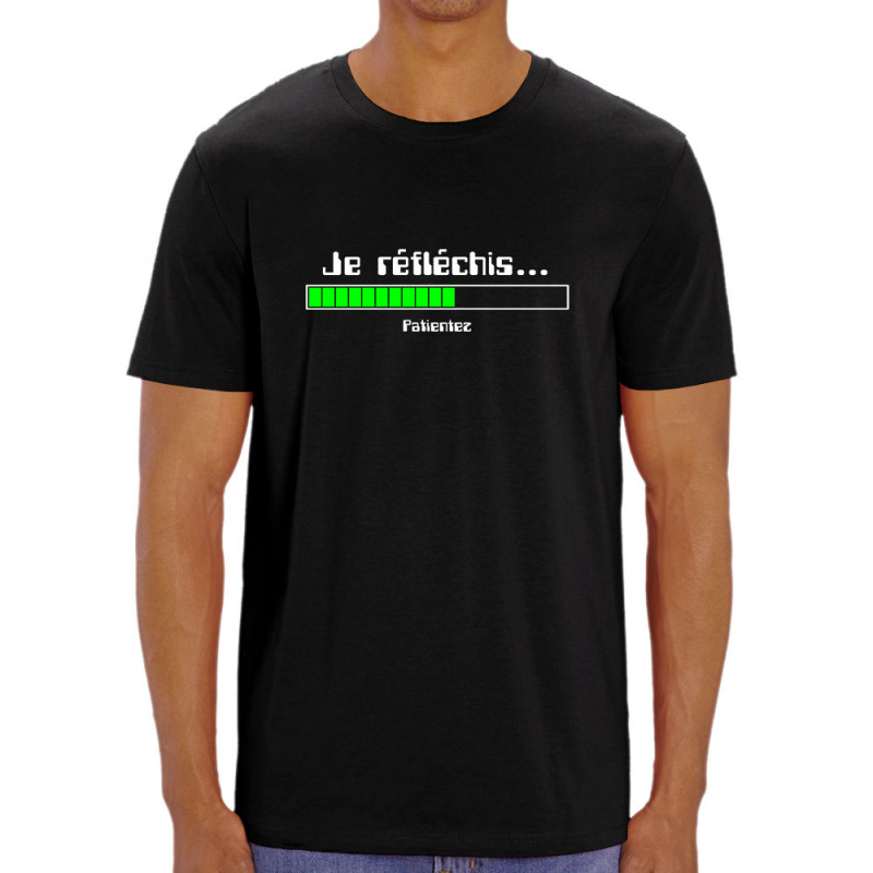 T-shirt homme coton bio noir Je réfléchis Patientez (Gondrax,Jeux Vidéo / Geek,Humour,Des chiffres et des lettres,Devoirs de vac