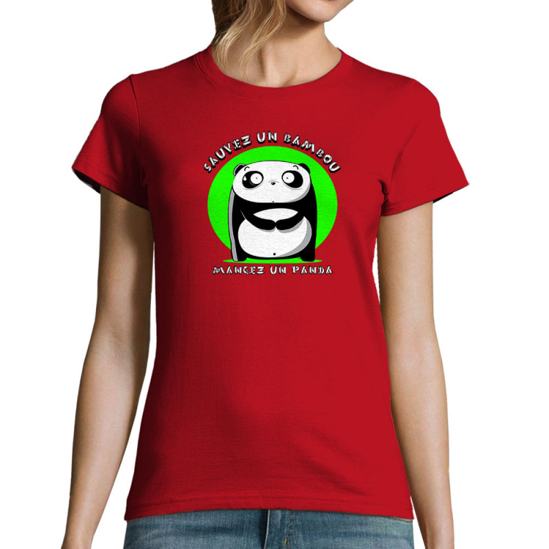 T-shirt femme rouge Sauvez un bambou Mangez un panda (Pandaluna,Animaux,Humour,Manga Kawaï japan)