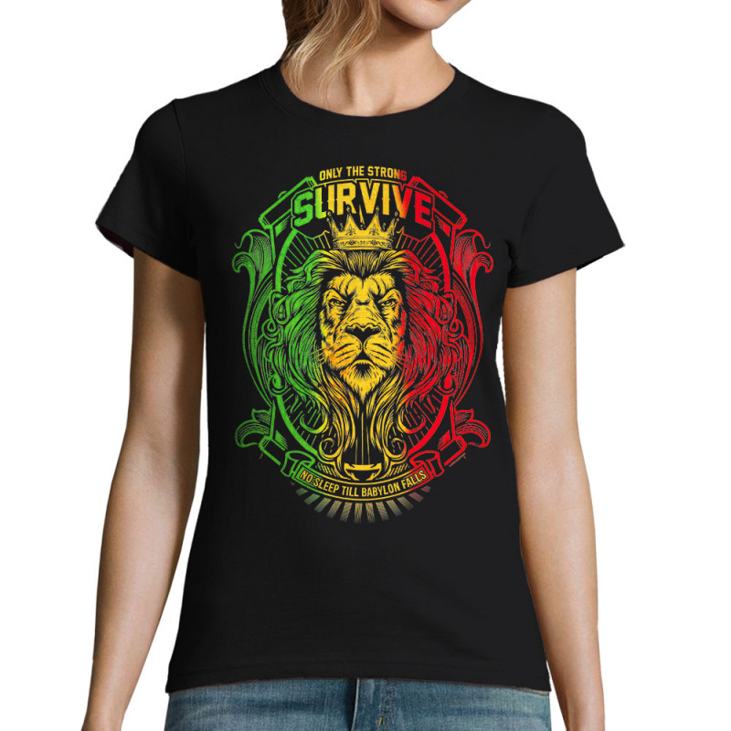 T-shirt femme noir Only the strong survive (Animaux,Reggae)