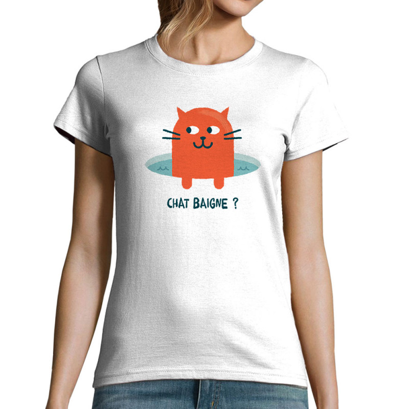 T-shirt femme blanc Chat baigne ? (Alex Kidd,Animaux,Humour,Chats)