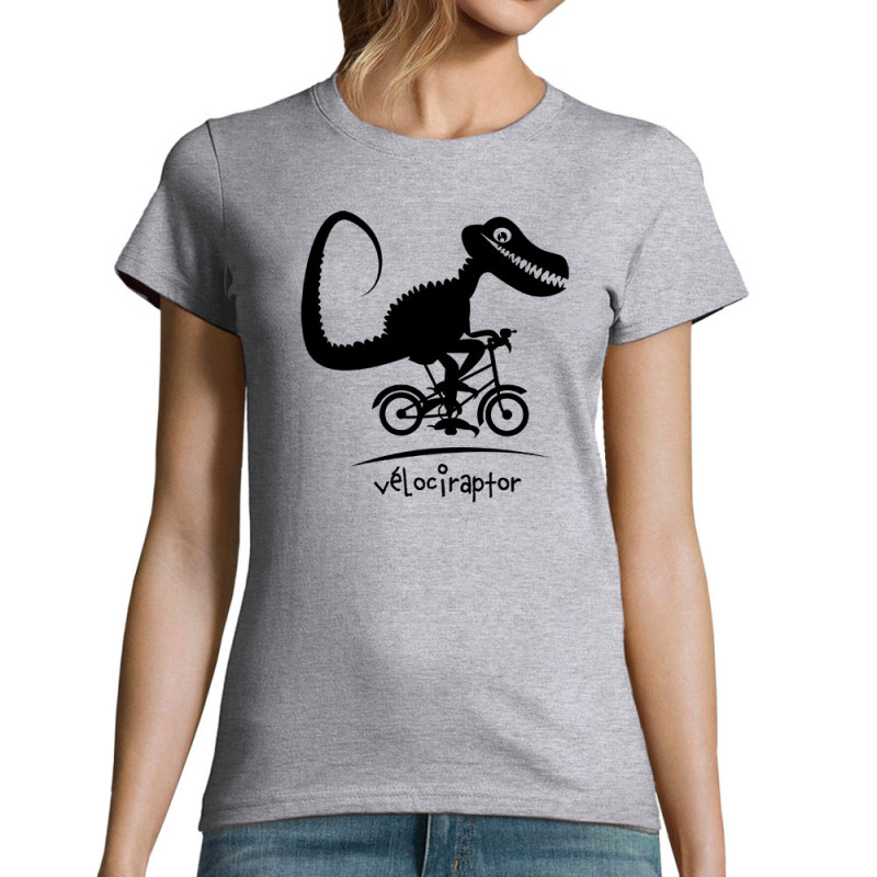 T-shirt femme gris chiné Vélociraptor (Andy,Humour,Animaux,Vélo)